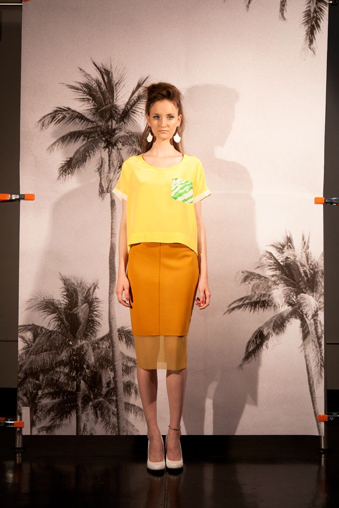 orange unknown fitted pencil color-blocked midi skirt