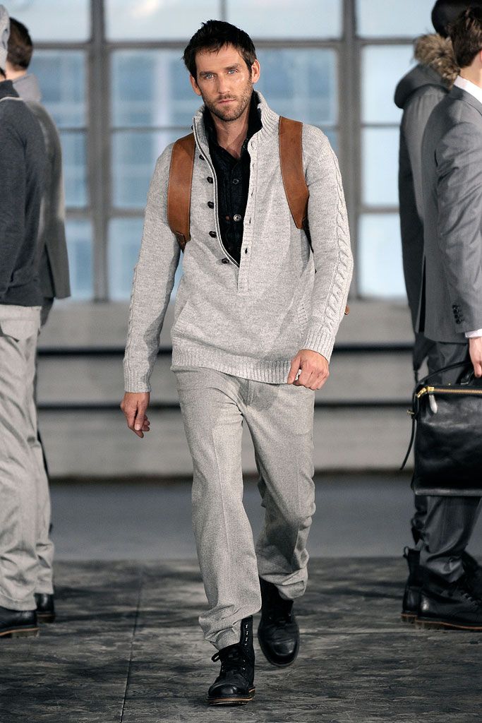 gray knit half-placket sweater