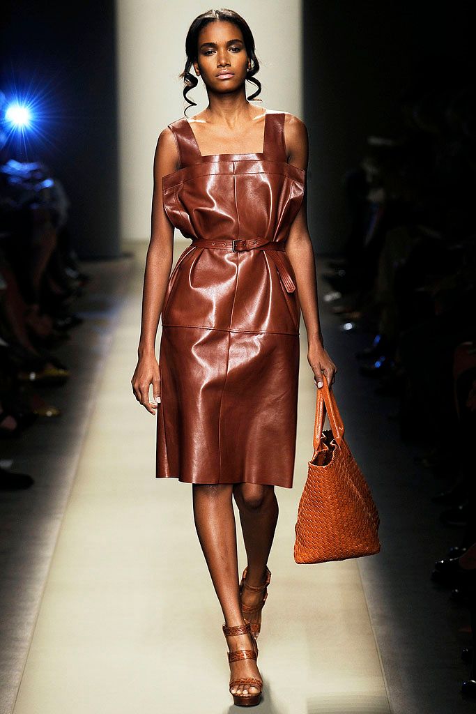 brown leather sleeveless square-neck structured belted shiny midi-dress