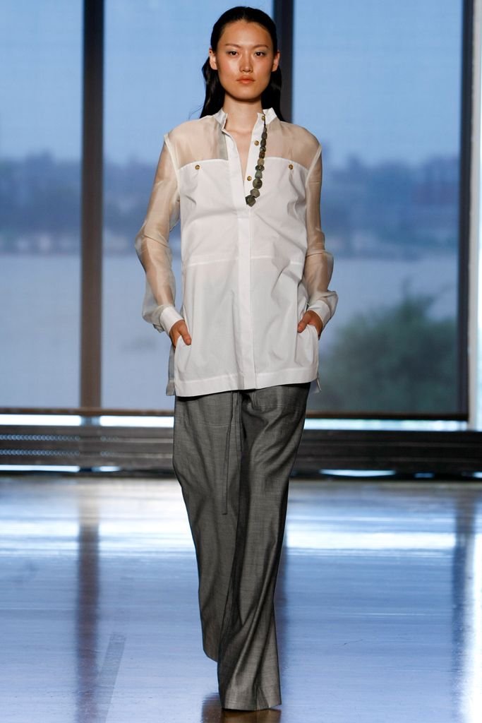 sheer-sleeve white tunic shirt