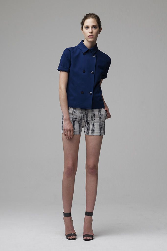blue unknown short-sleeve collared structured buttoned cropped jacket