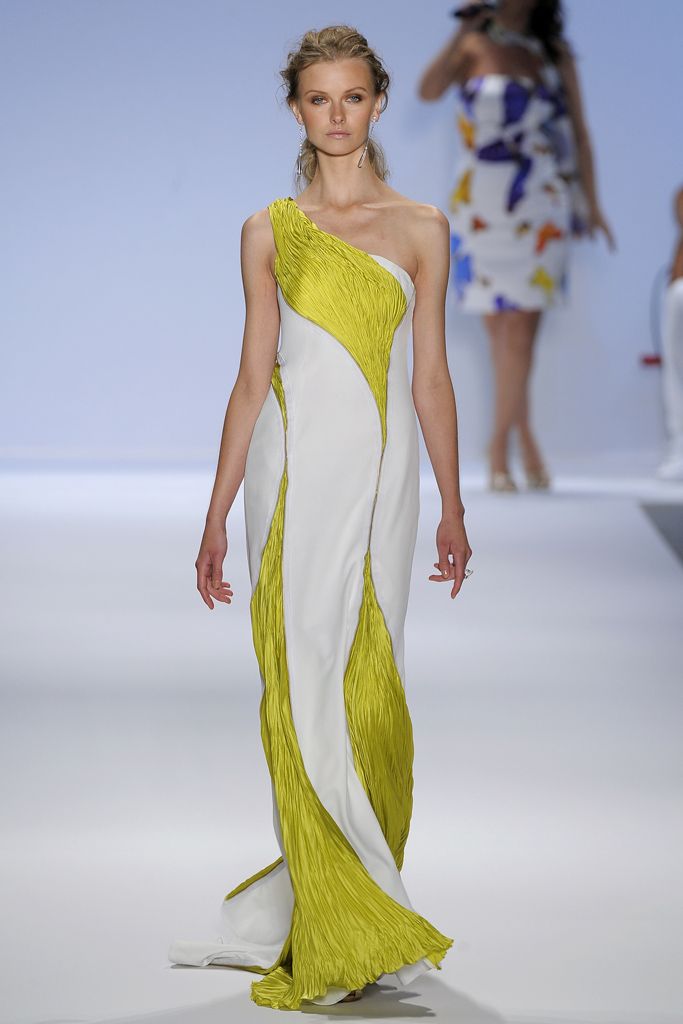 one-shoulder color-block evening gown