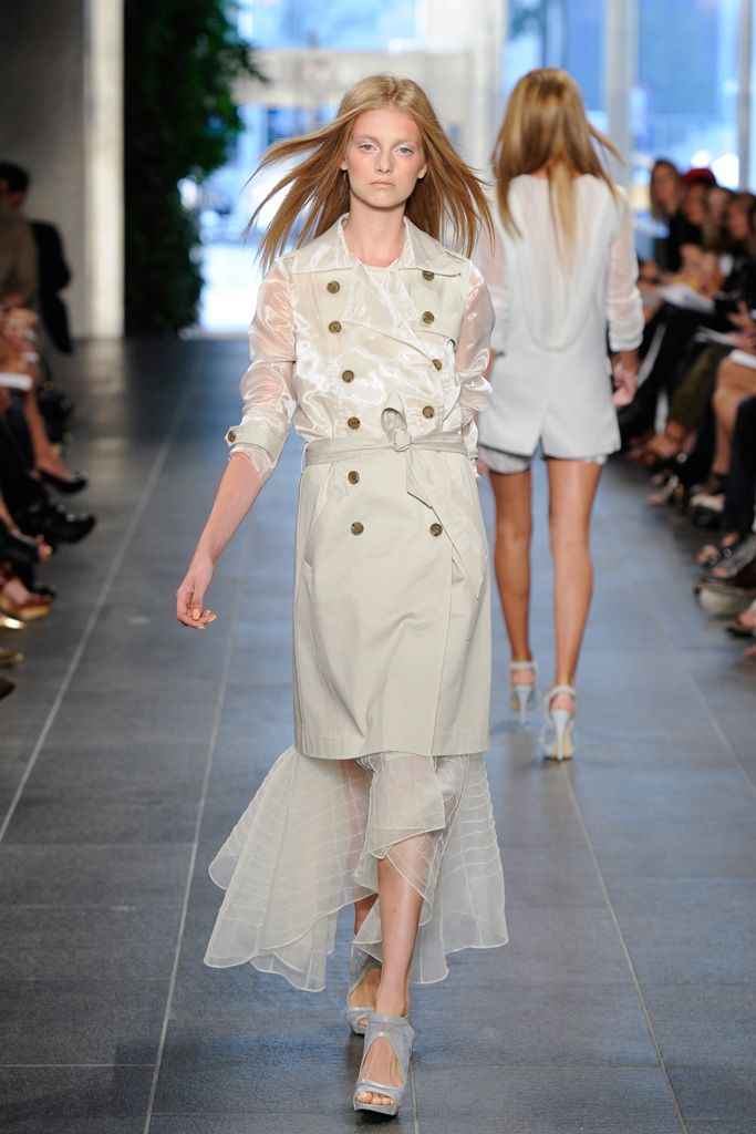 sheer-sleeve belted trench dress