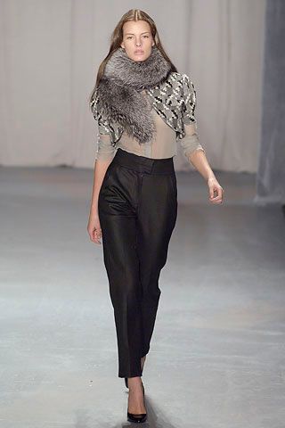 gray fur scarf with beige top