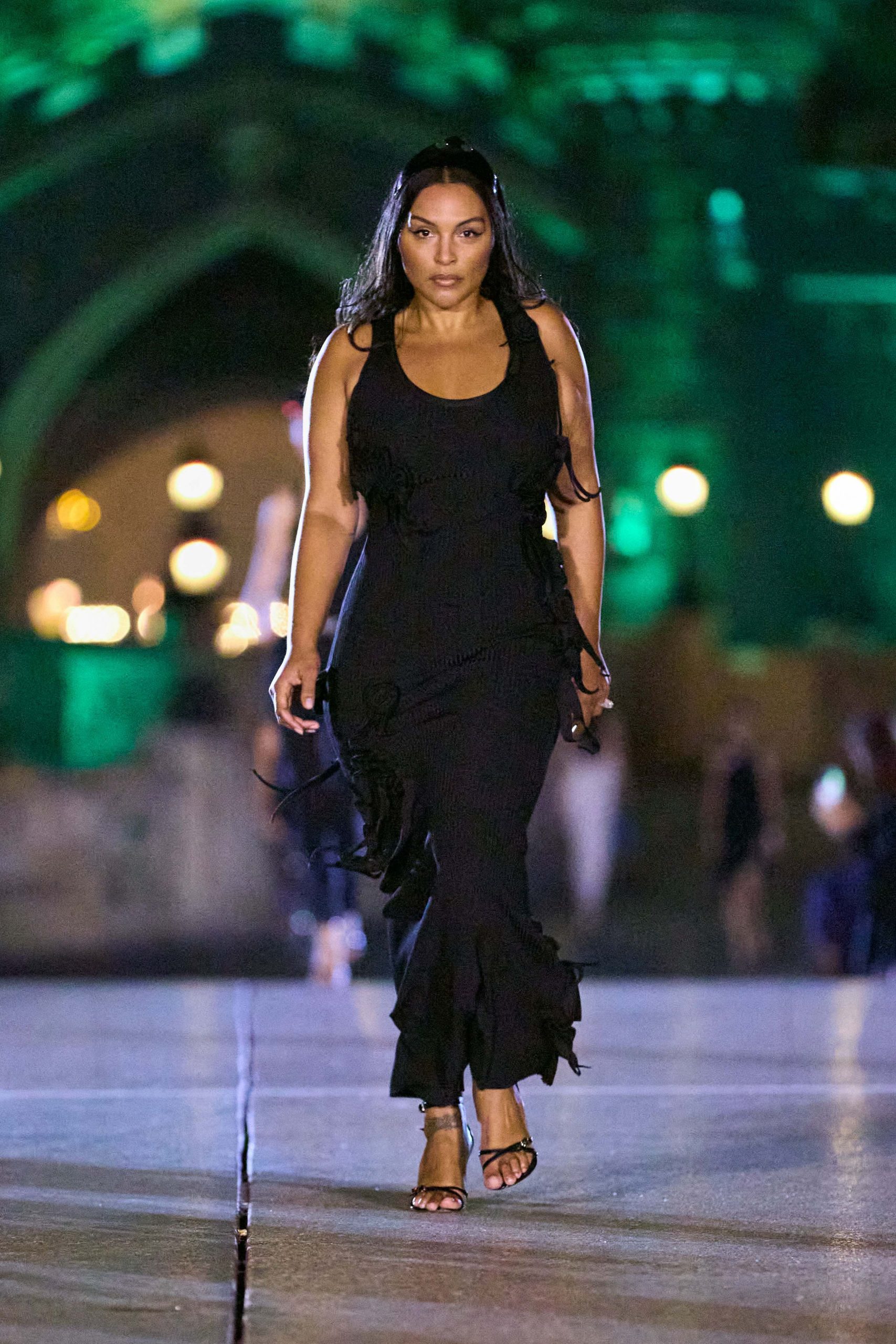black cotton sleeveless v-neck fitted ruffled tiered dress