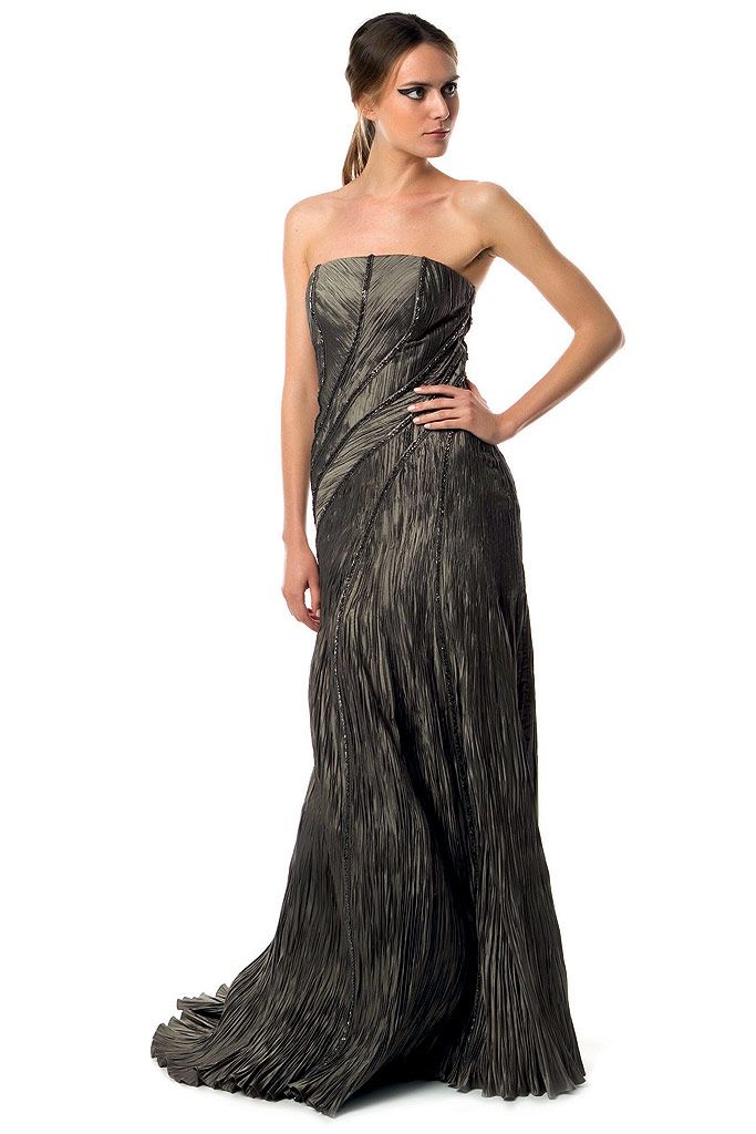 strapless pleated evening gown