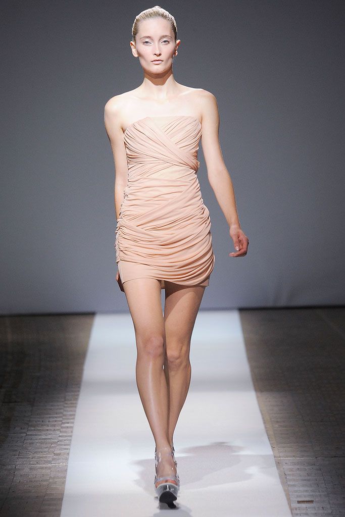 pink jersey strapless asymmetric fitted ruched draped mini-dress