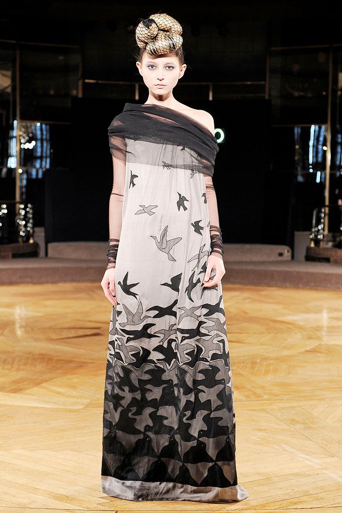 bird-print sheer off-shoulder evening gown