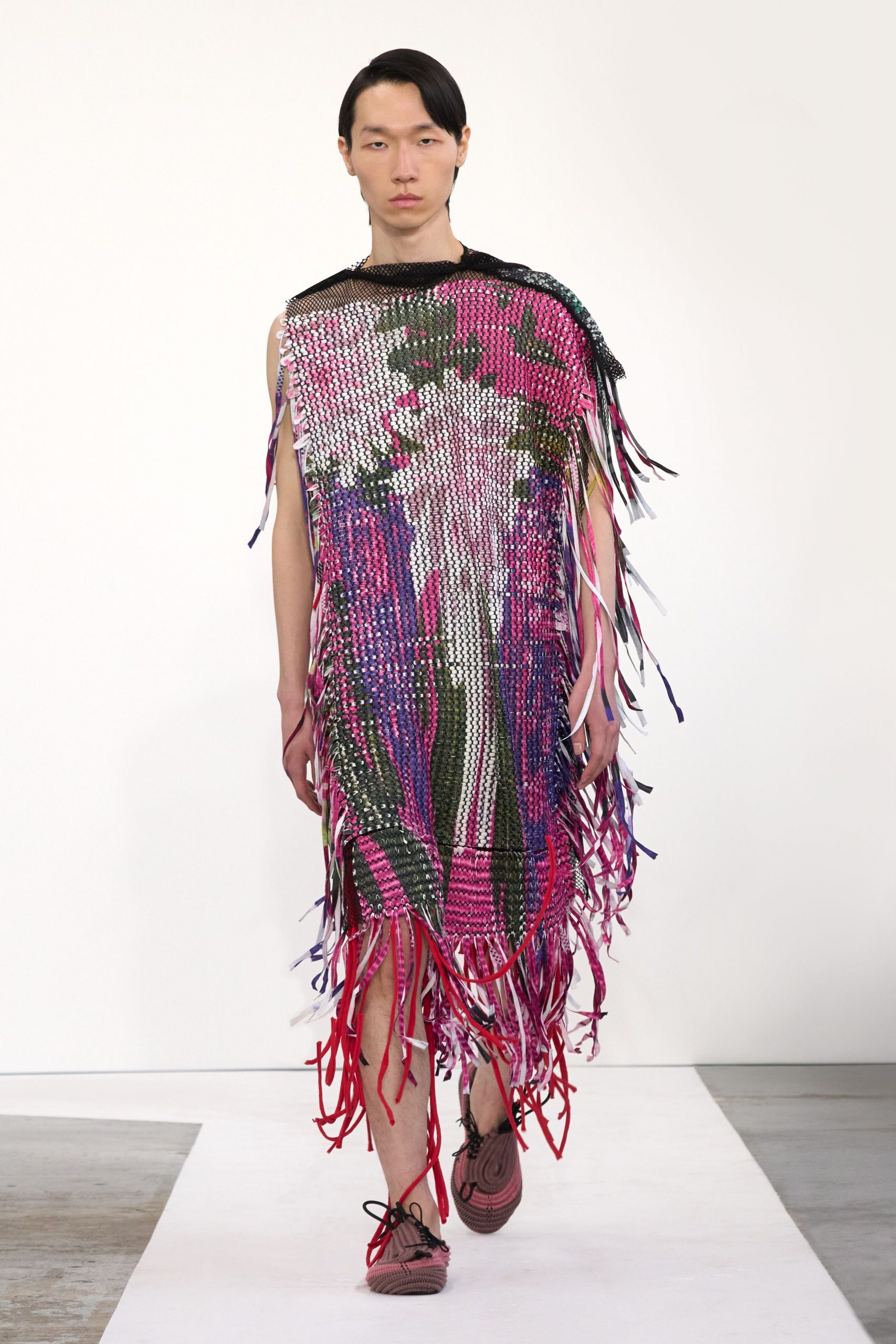 pink cotton sleeveless relaxed fringed printed short dress