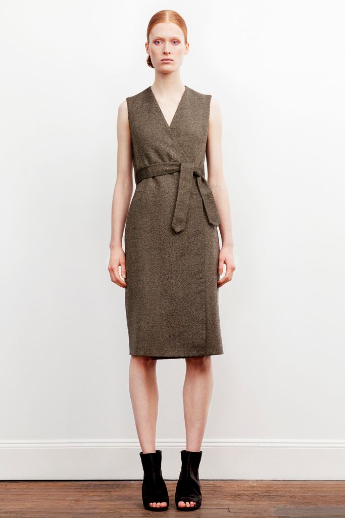 brown sleeveless wrap midi dress
