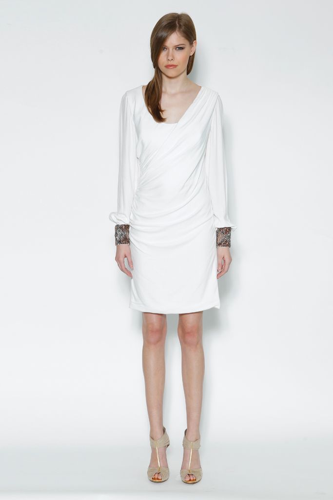 white draped beaded-cuff mini dress