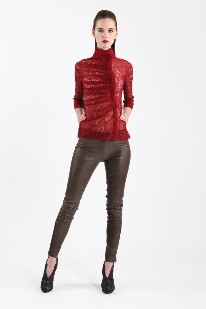 red sheer lace high-neck blouse