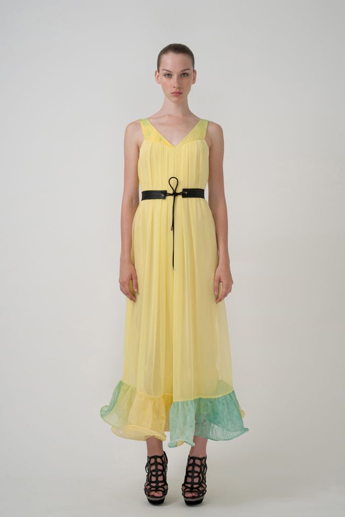yellow chiffon sleeveless v-neck ruffled belted maxi-dress