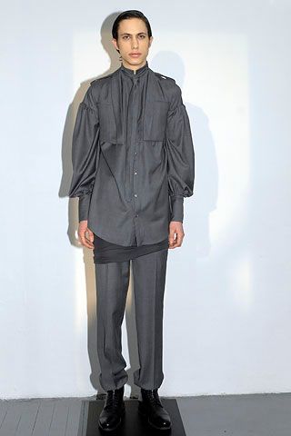 high-neck bib-front gray shirt