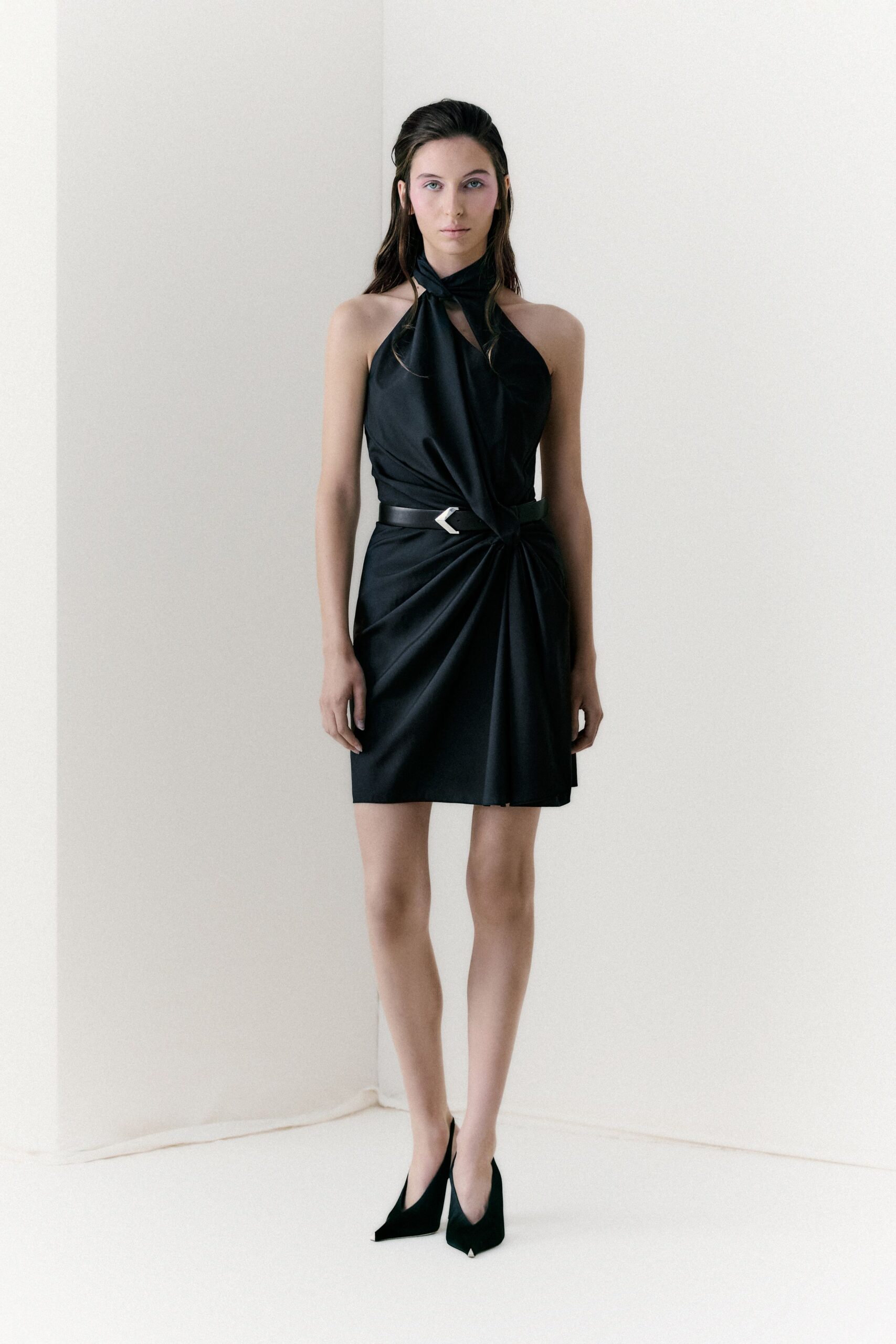 black silk halterneck mini dress