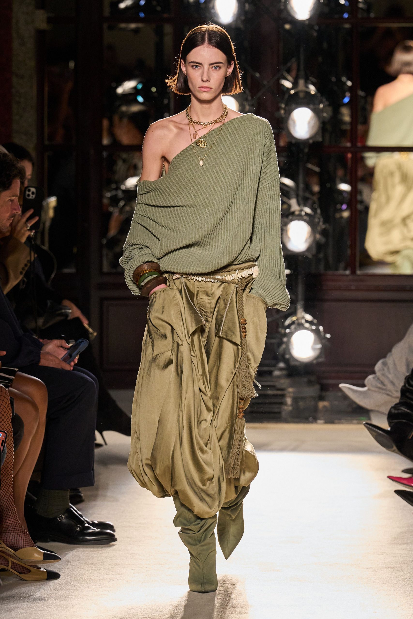 green cotton long-sleeve off-shoulder relaxed ribbed top