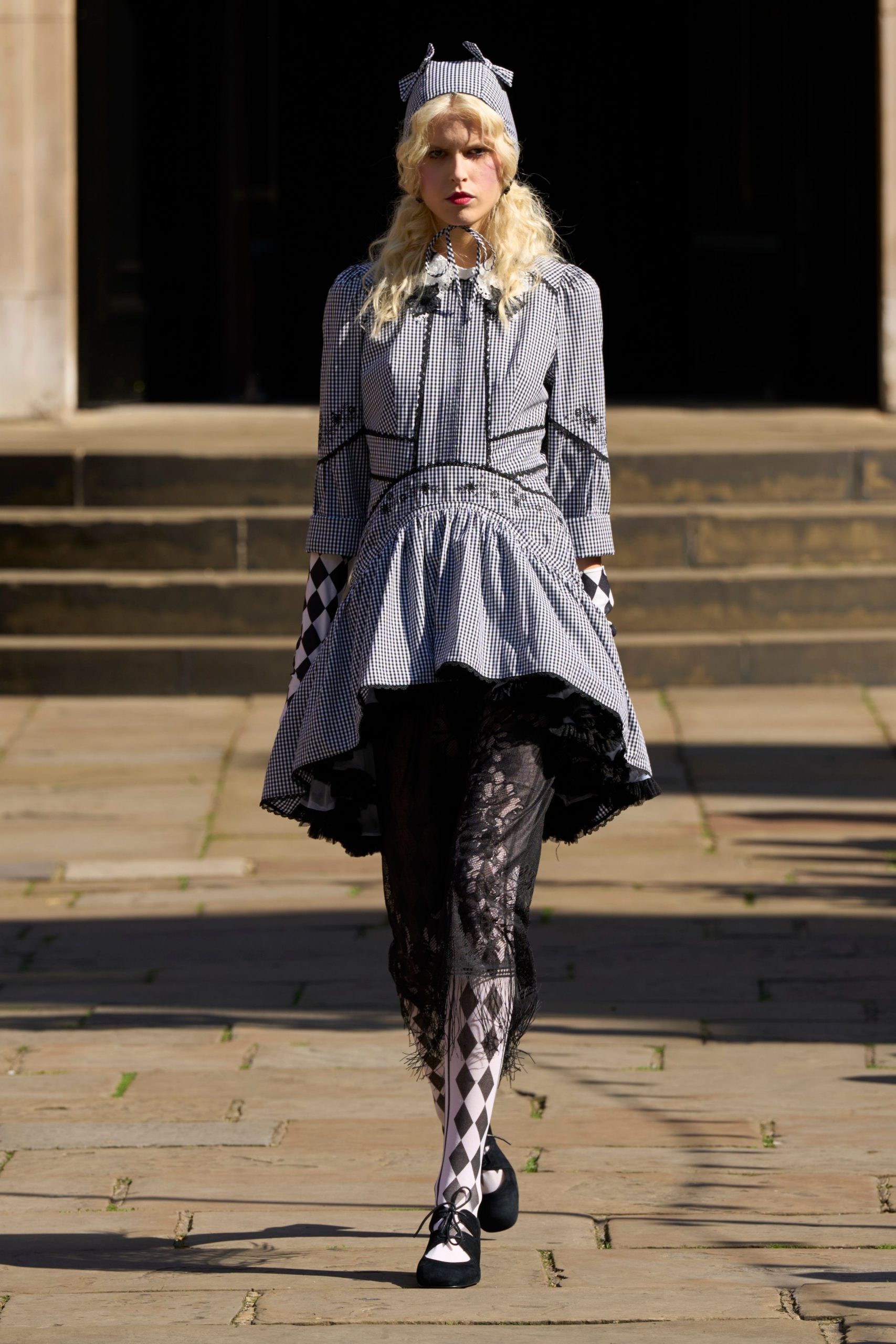black cotton long-sleeve collared fitted pleated layered dress