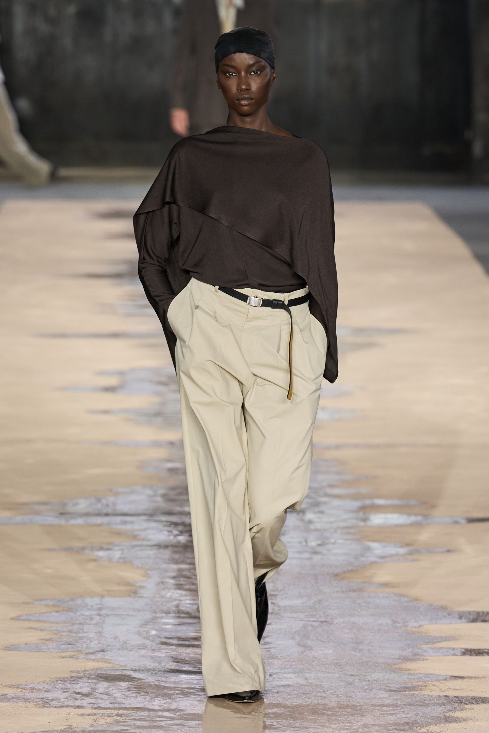 brown relaxed top with beige pants