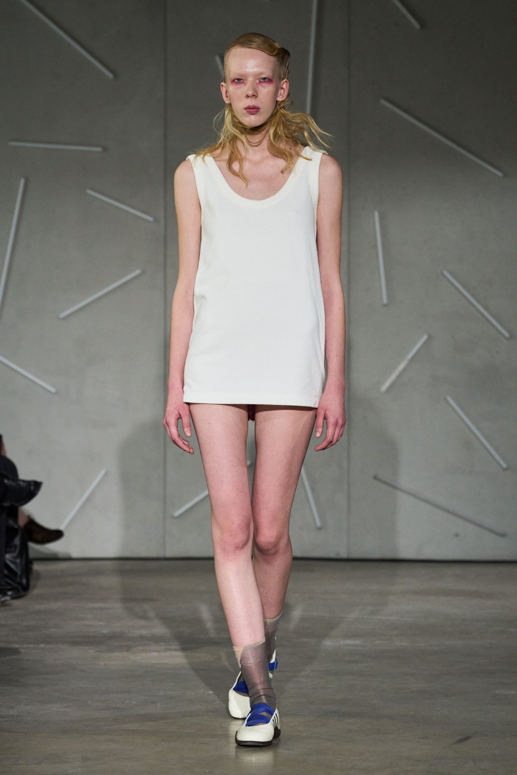 white mini dress with canvas shoes