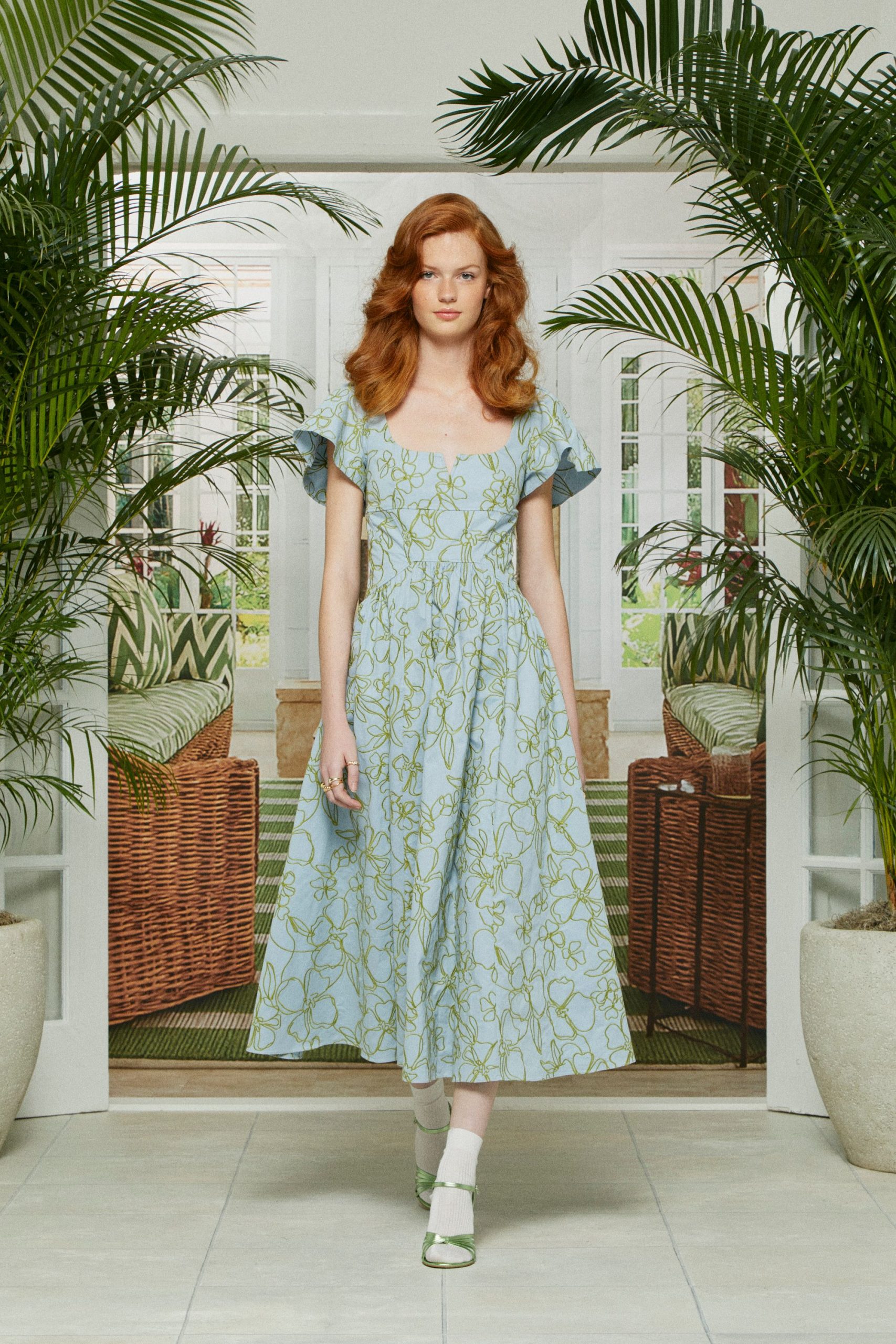 blue printed midi dress with white shoes
