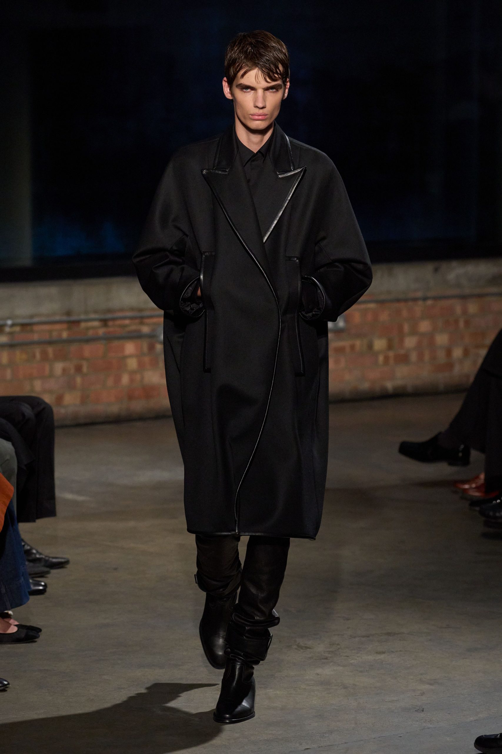 black wool coat with fitted pants