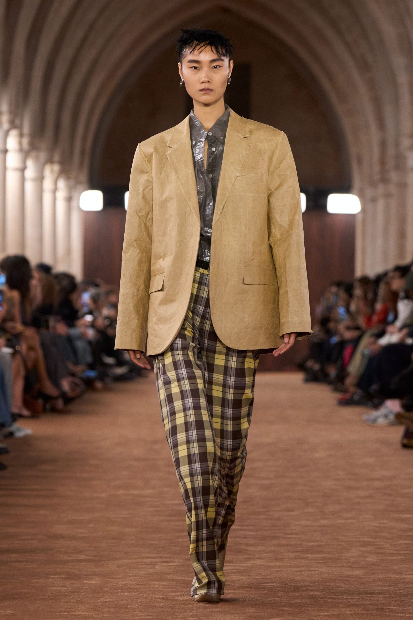 beige linen long-sleeve collared oversized buttoned blazer