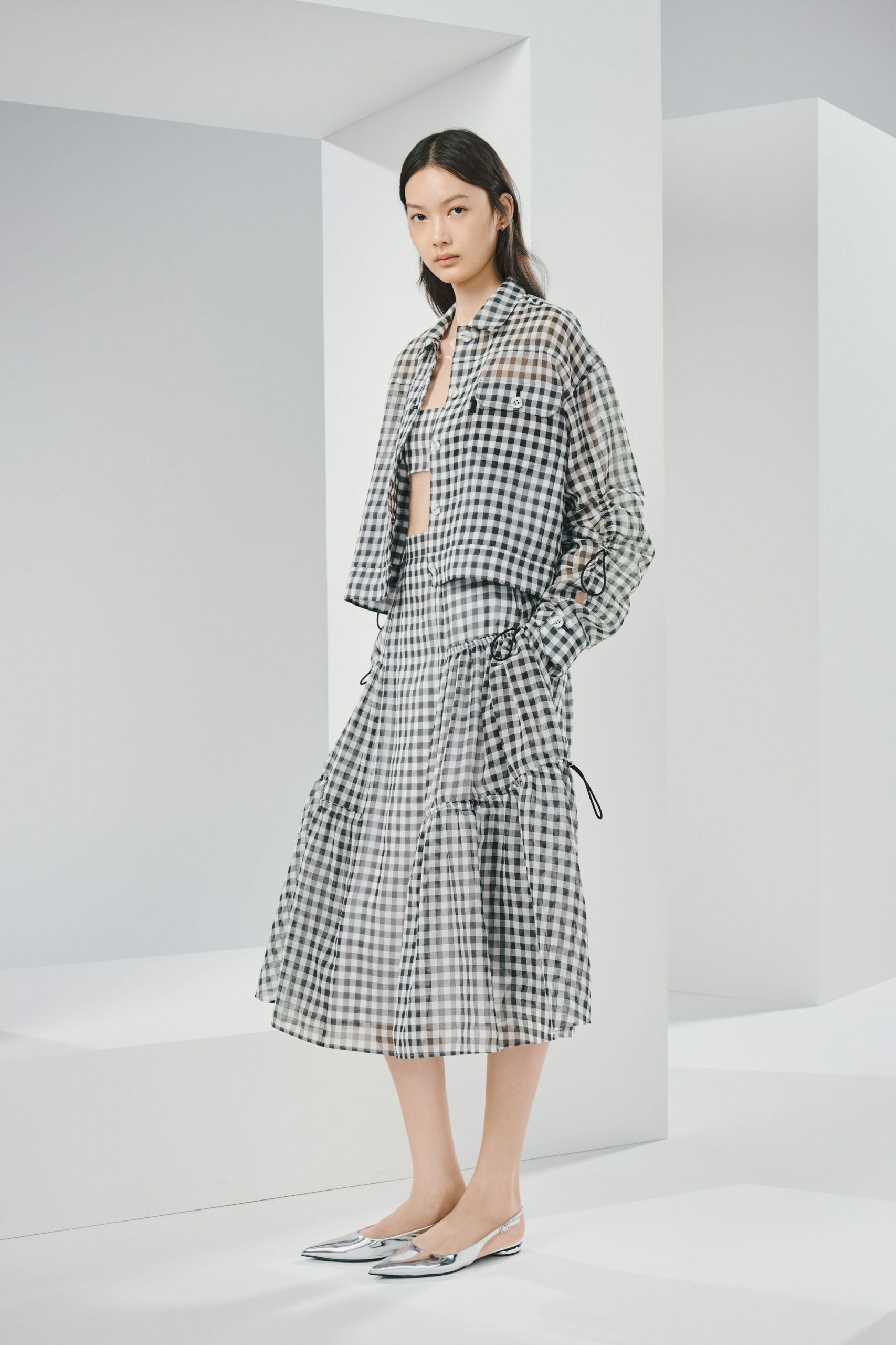 black cotton relaxed high-waisted checked tiered midi skirt