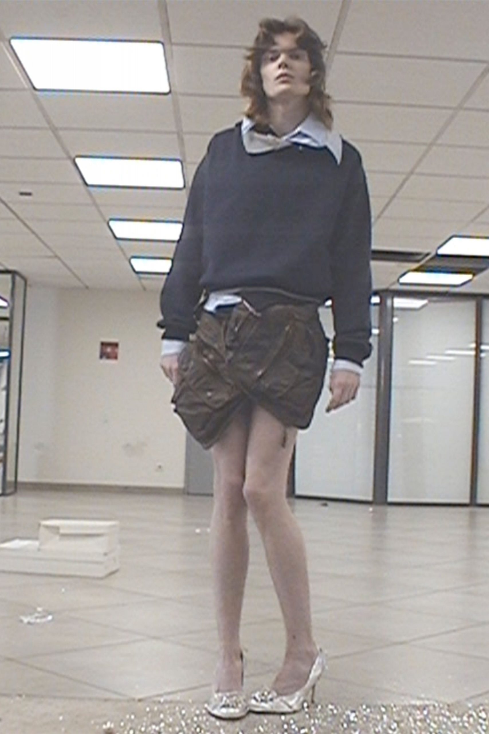 navy sweater brown pleated skirt