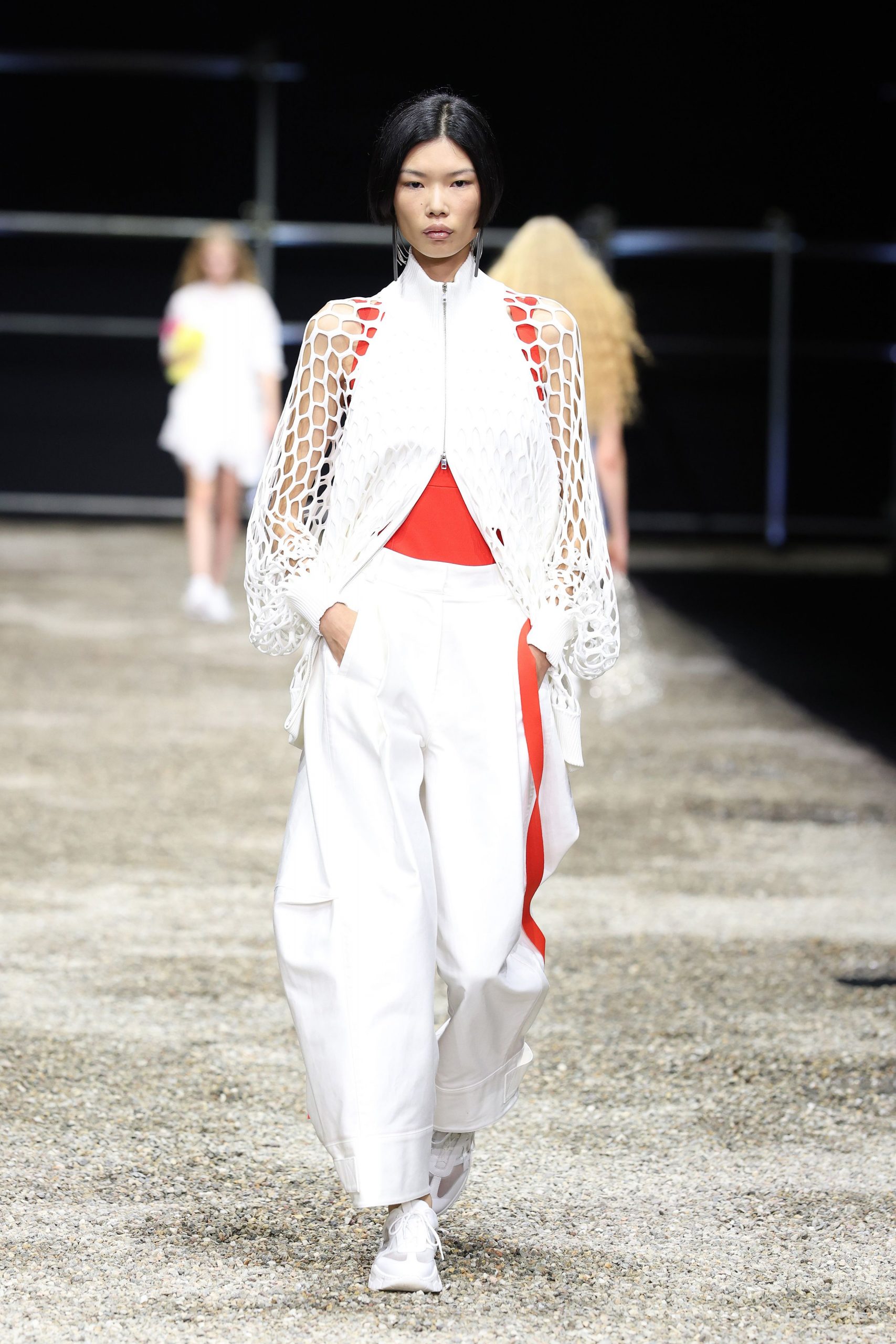 white unknown long-sleeve high-neck oversized zippered openwork jacket
