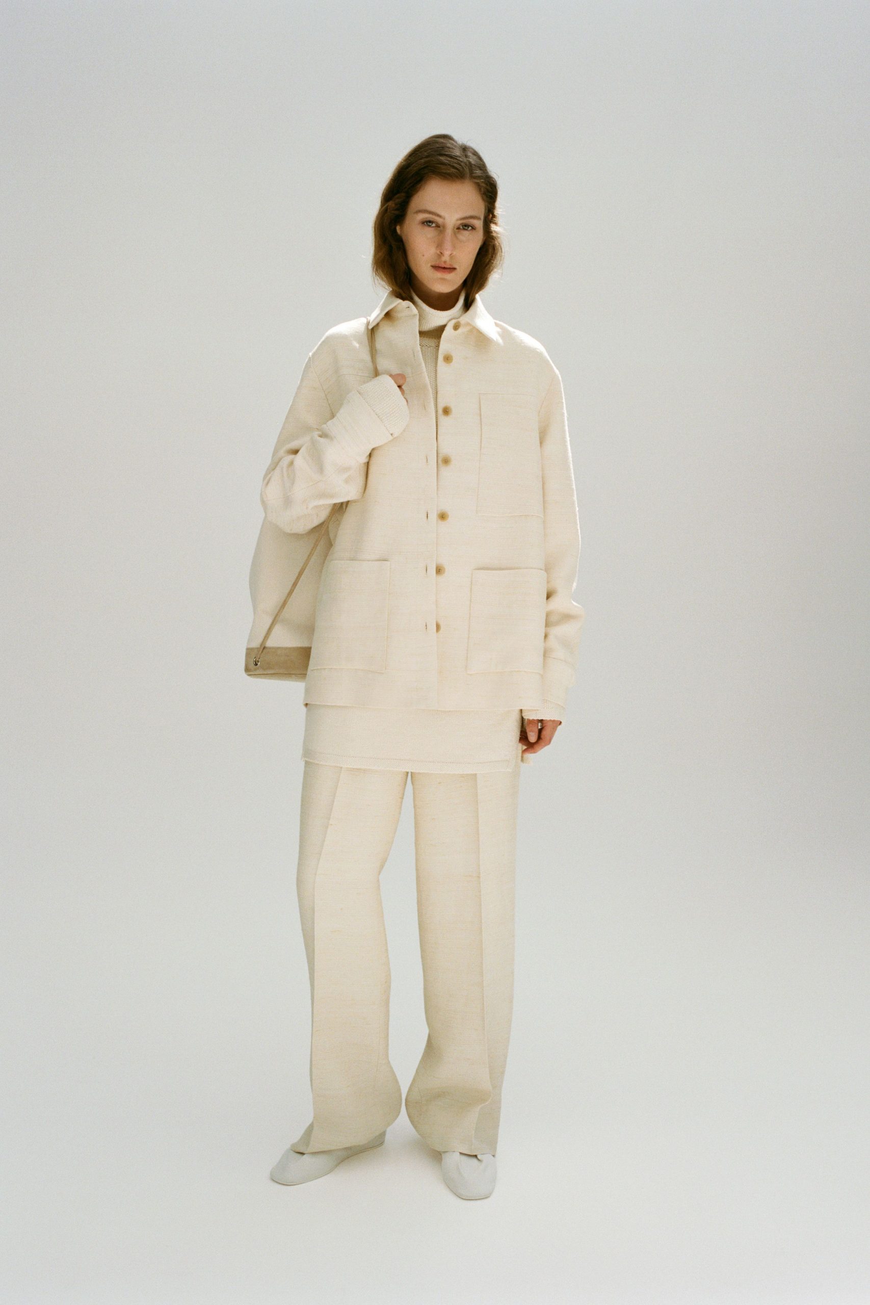 beige relaxed jacket with wide-leg pants