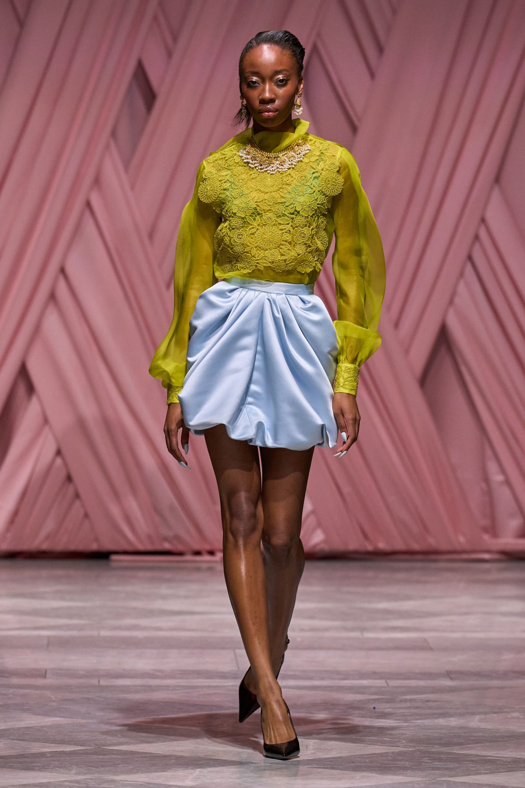 yellow silk long-sleeve collared fitted embroidered sheer blouse