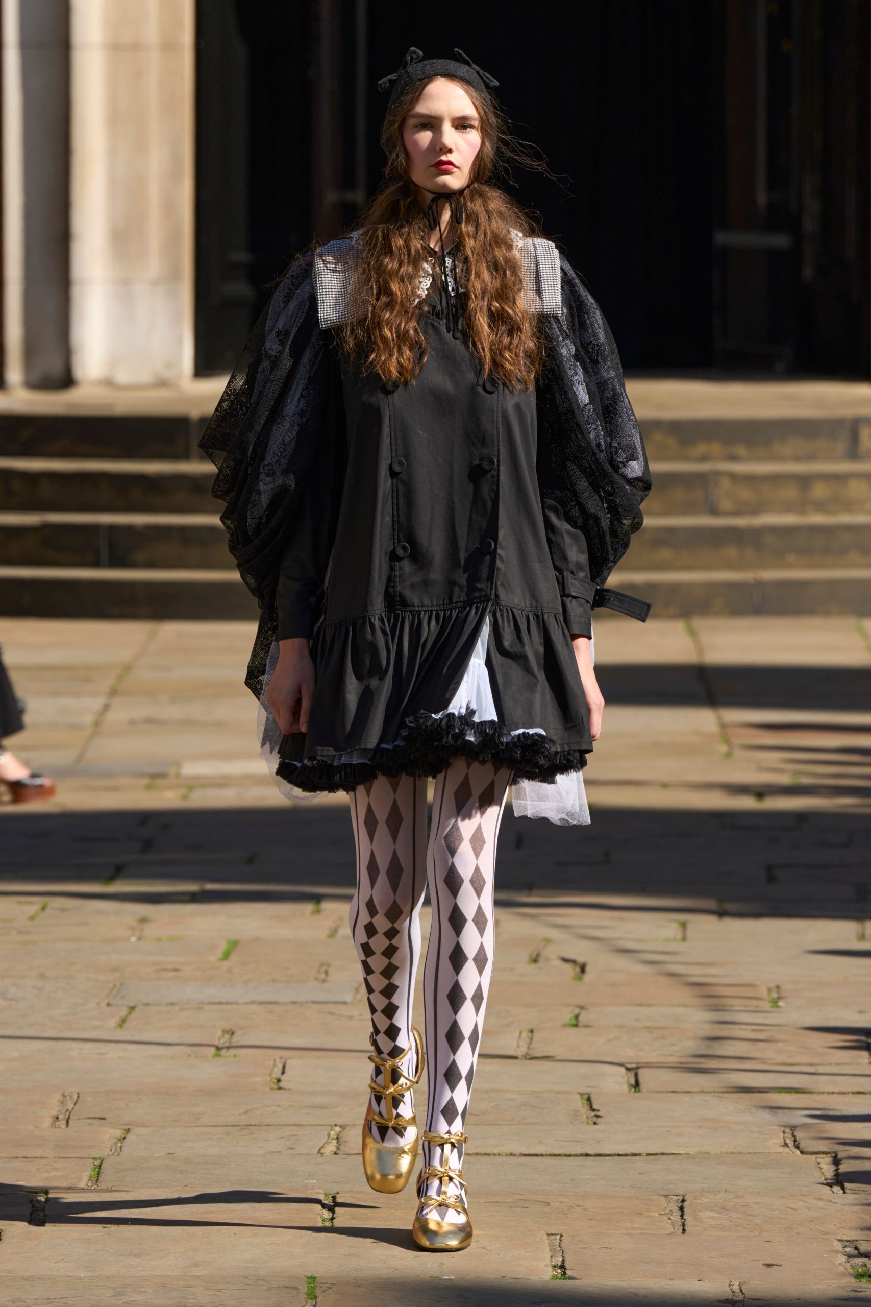 black cotton long-sleeve collared fitted ruffled layered dress
