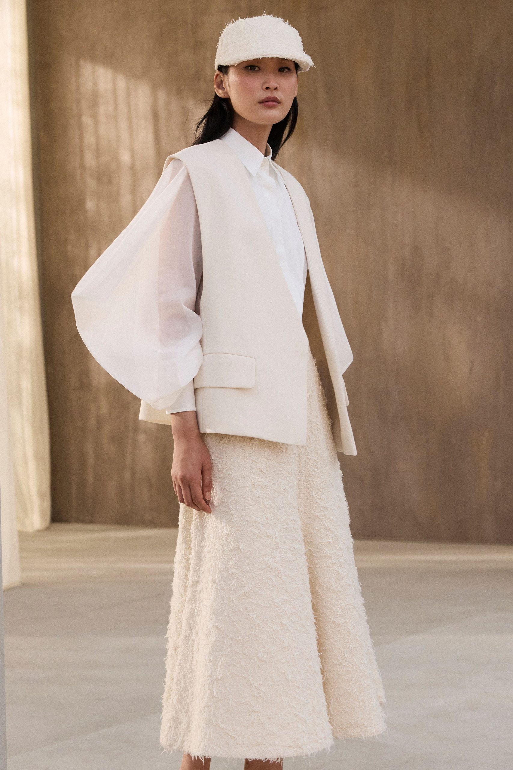beige blazer white shirt culottes