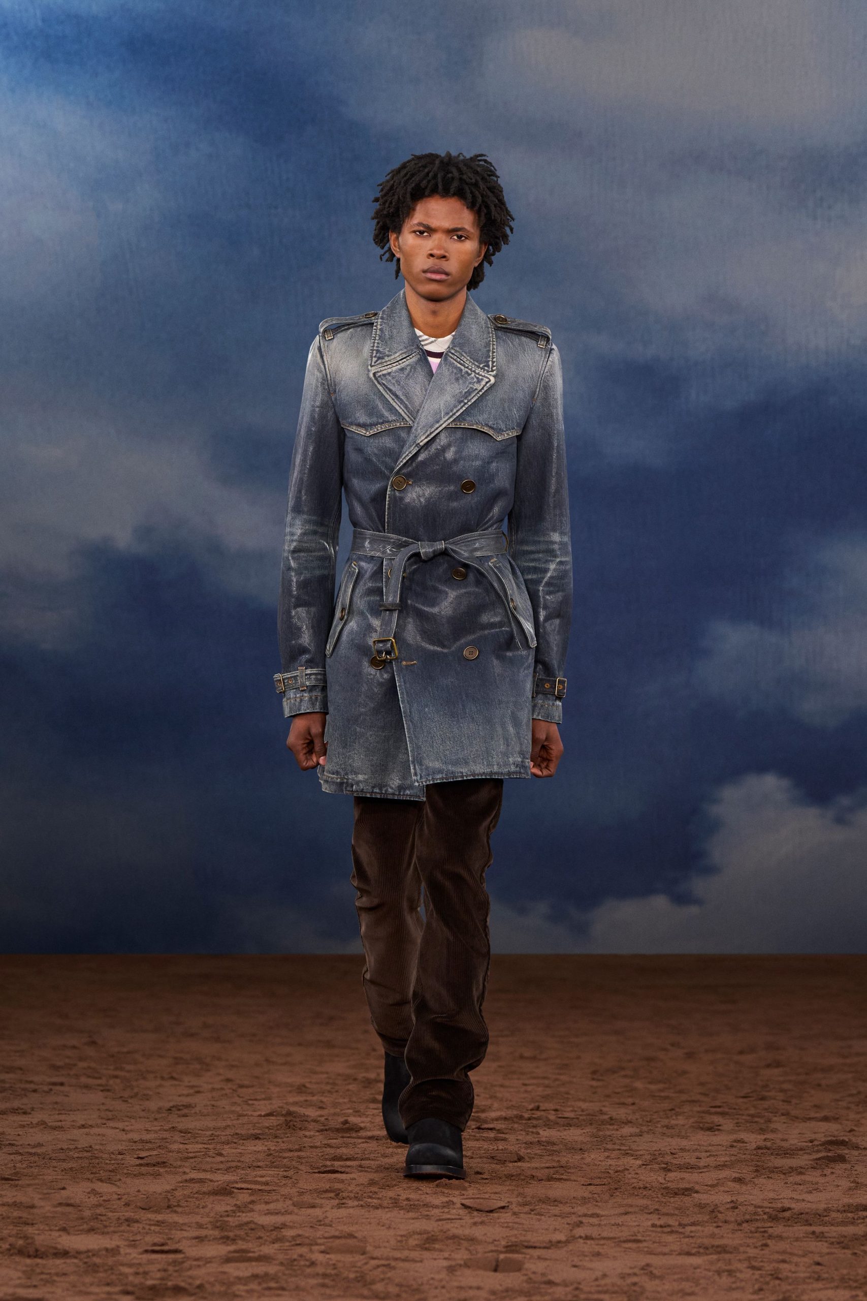 blue denim long-sleeve collared tailored belted trench