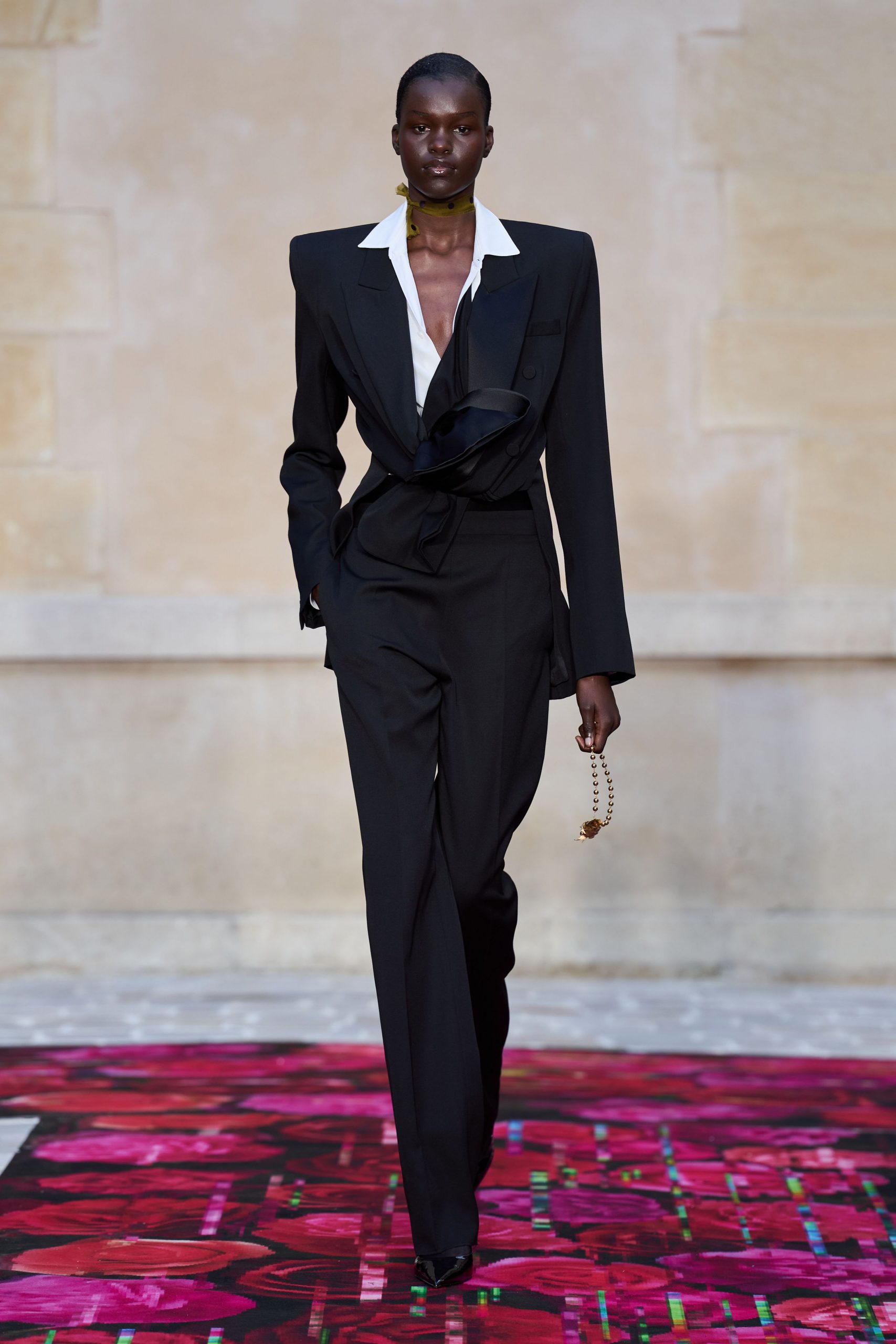 black wool long-sleeve collared tailored structured buttoned suit