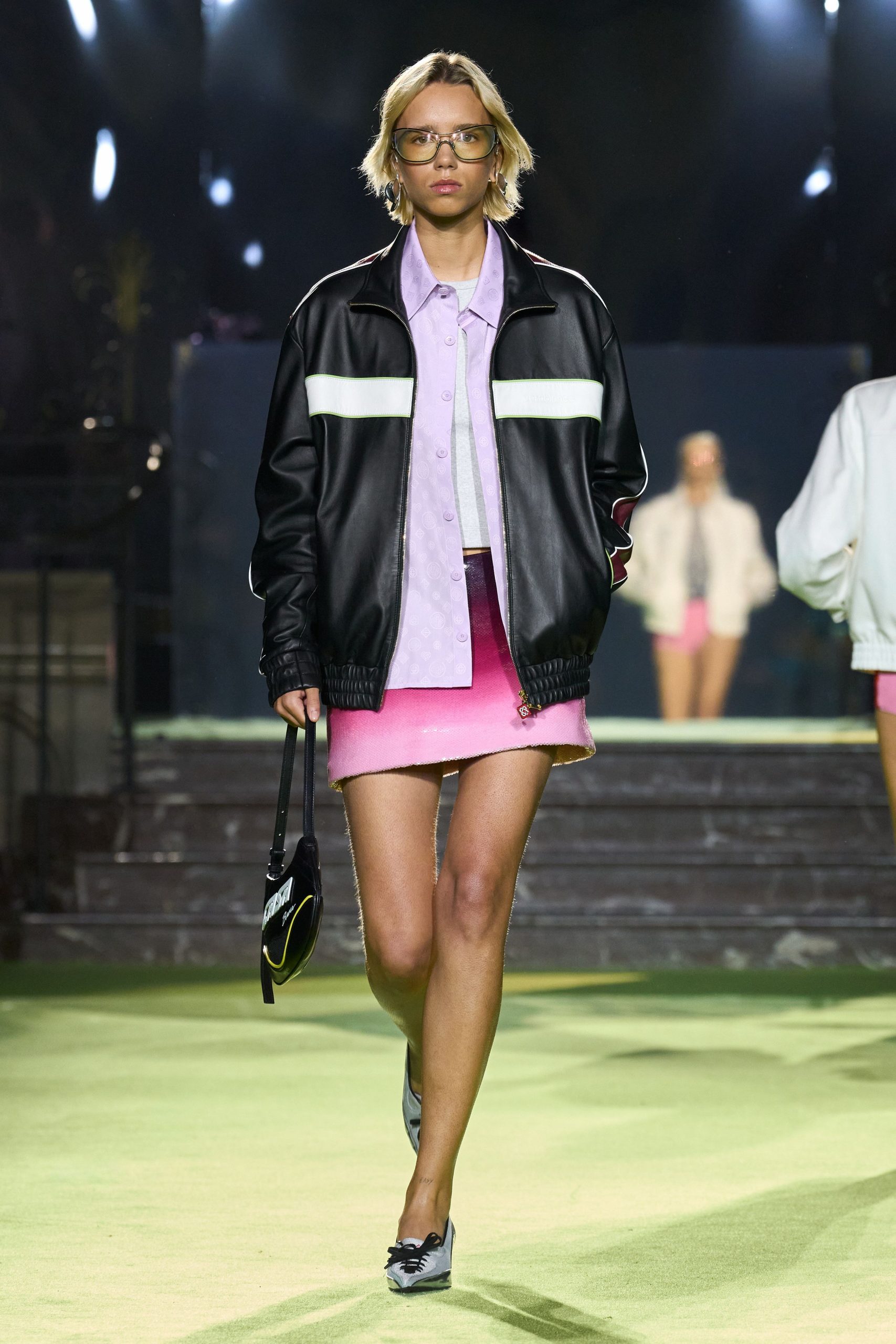 black leather jacket with pink skirt