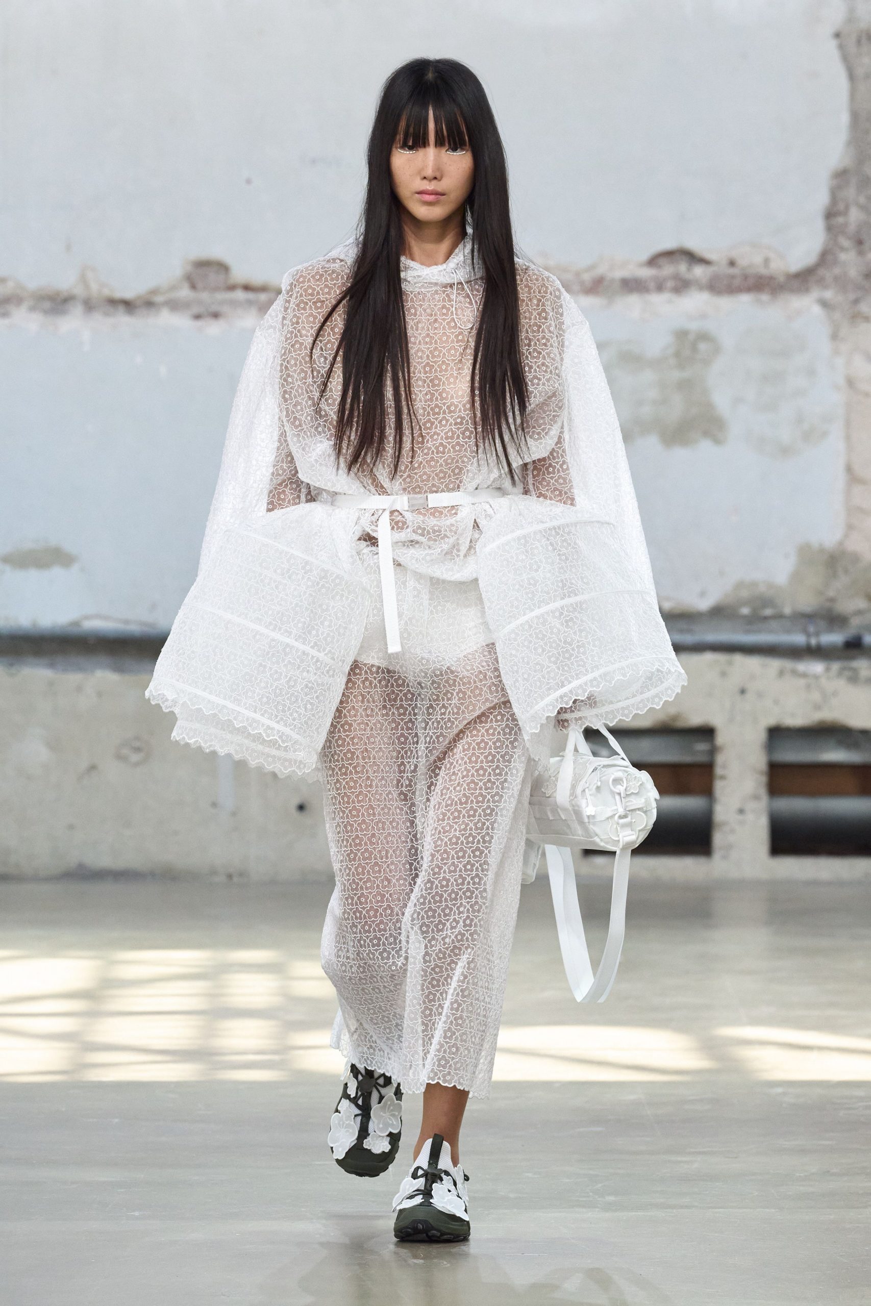 white lace long-sleeve collared fitted layered dress