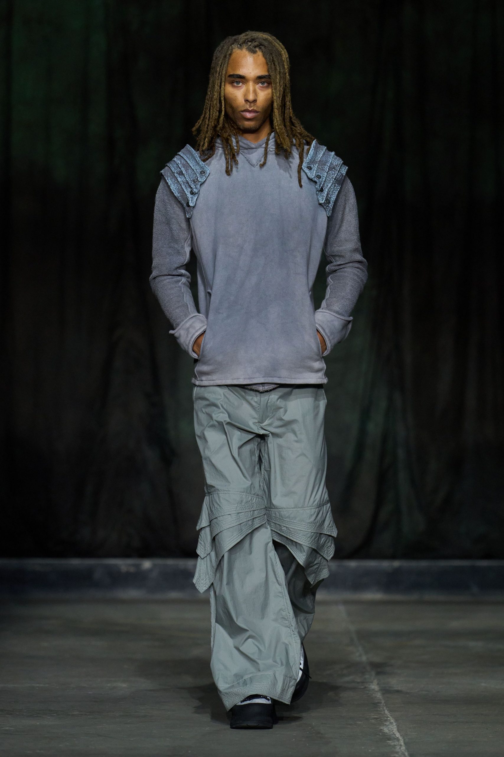 gray relaxed hoodie with flared pants