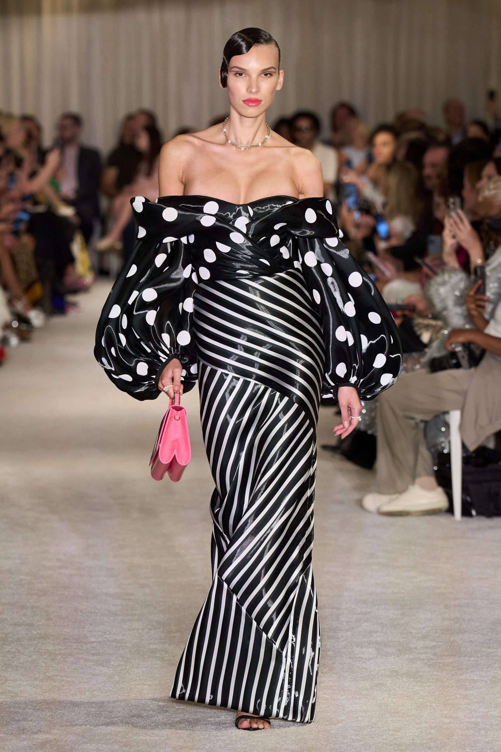 black vinyl off-shoulder long-sleeve fitted striped polka-dot gown