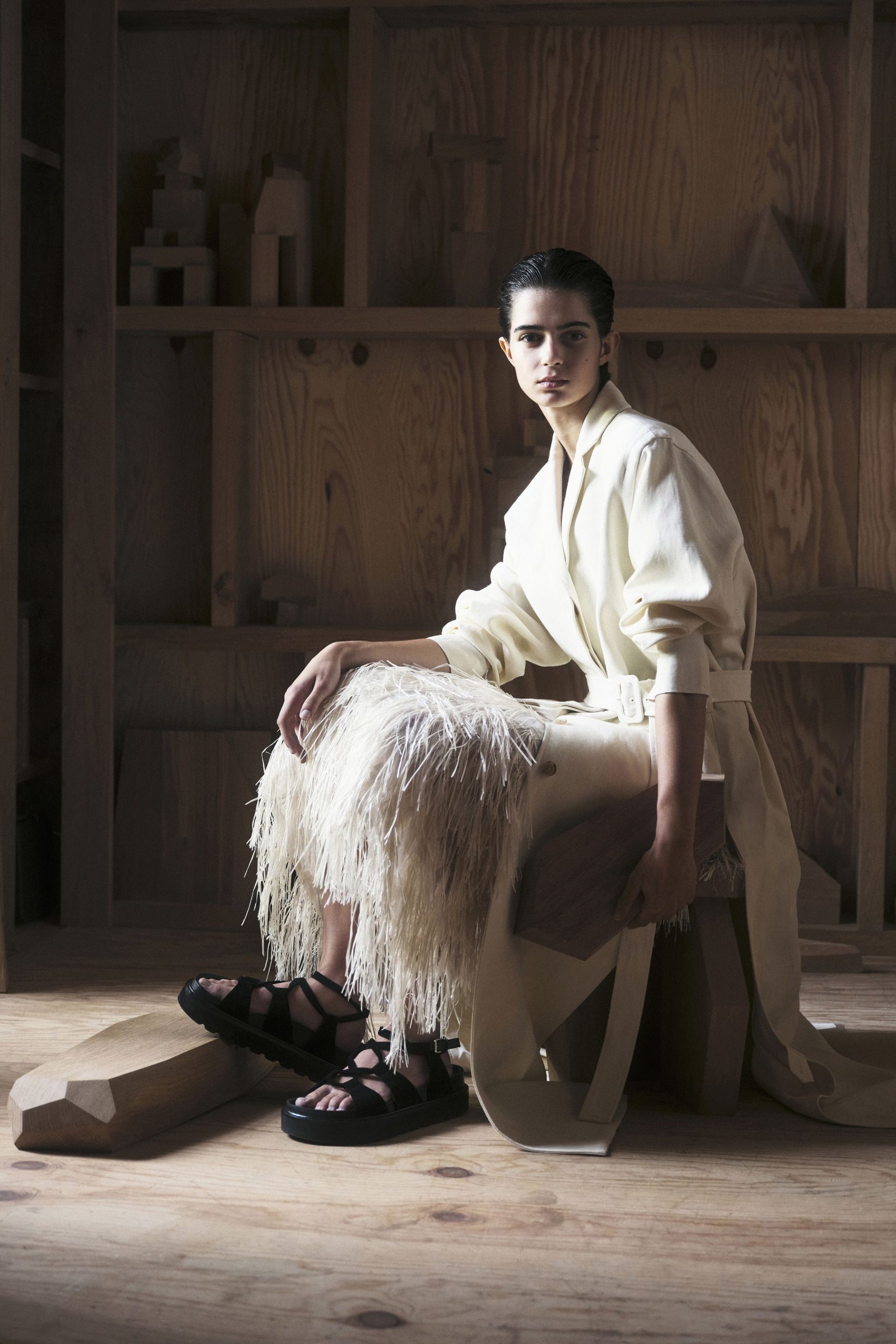 beige cotton long-sleeve collared relaxed belted coat
