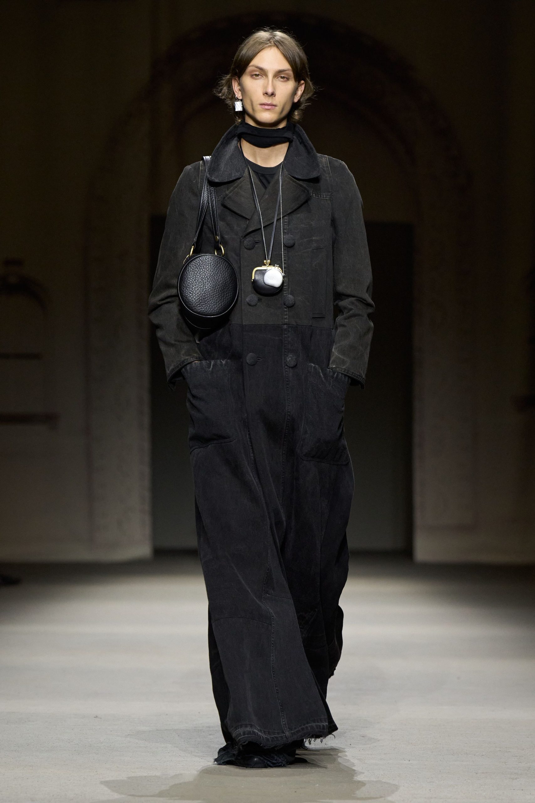 black denim long-sleeve collared relaxed buttoned pockets jumpsuit