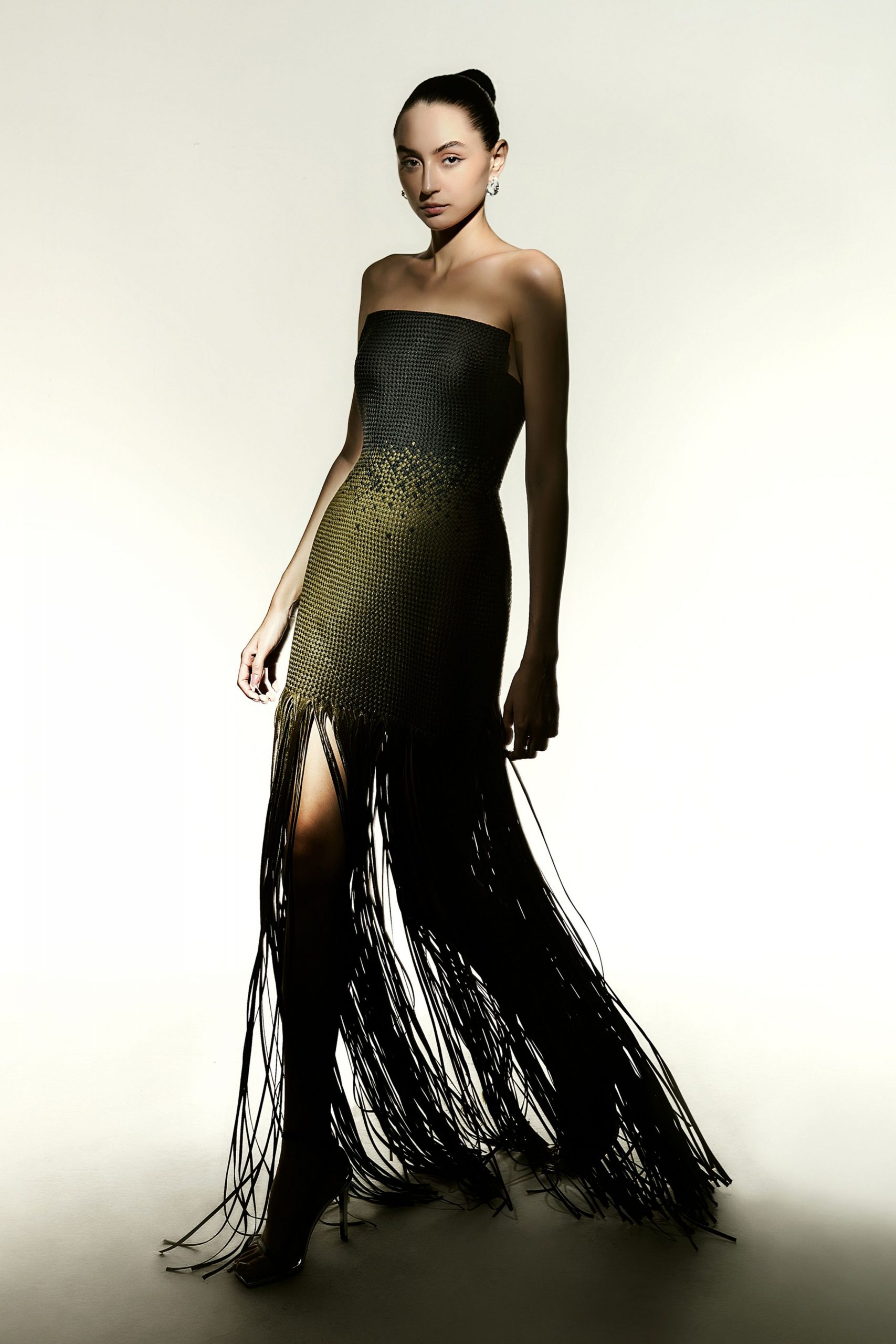 black silk strapless high-neck fitted fringed ombre dress