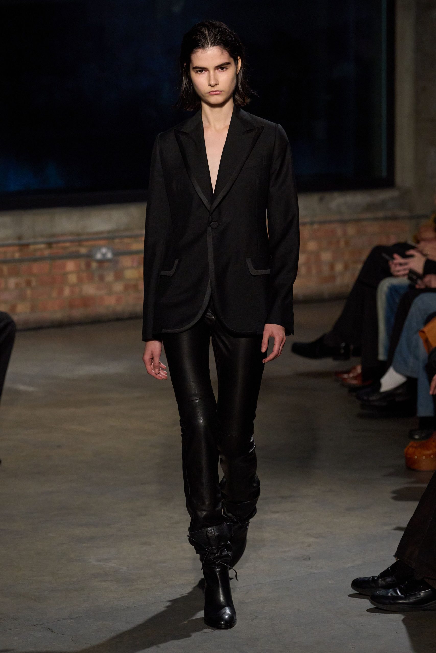 black tailored blazer with leather pants