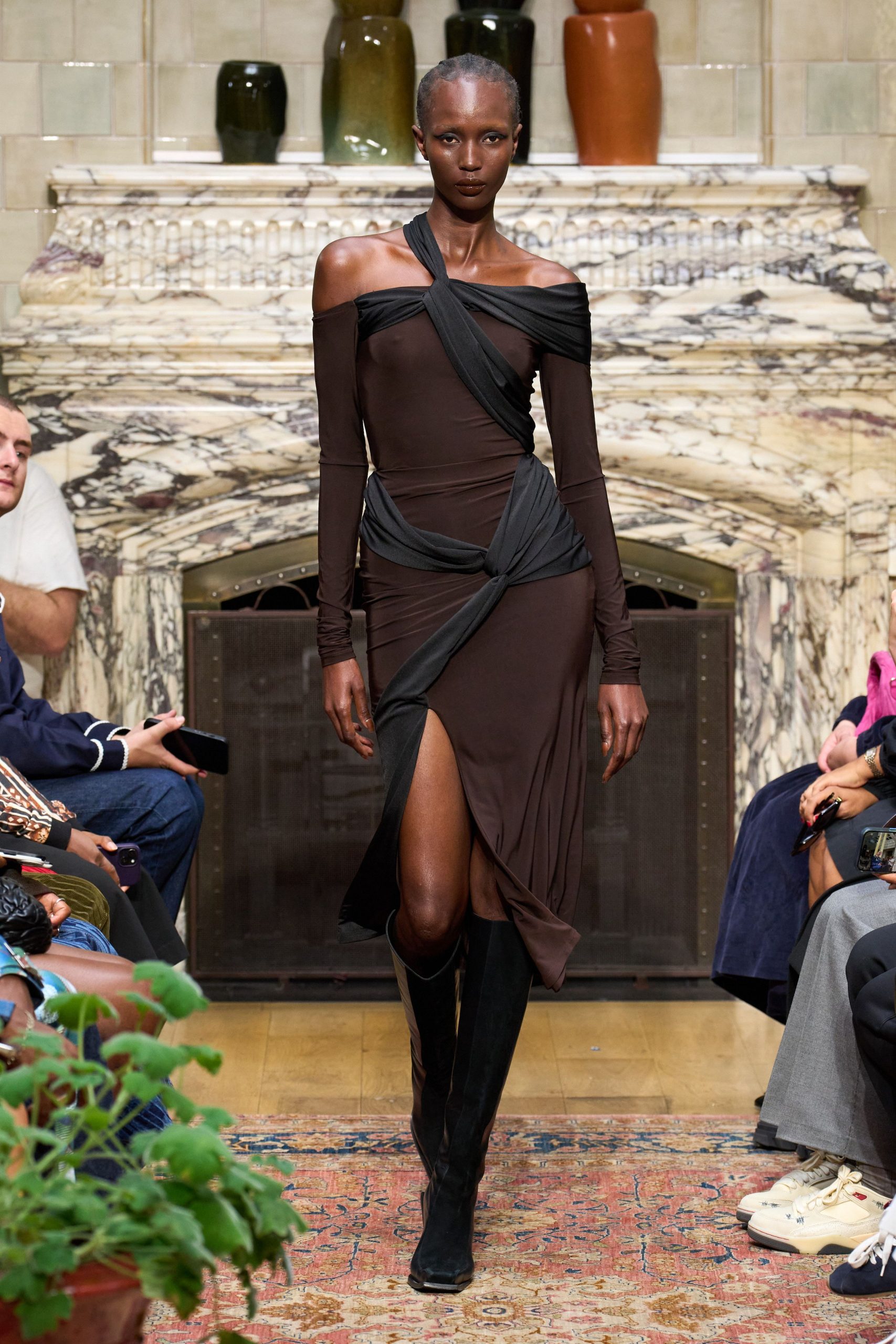 brown silk long-sleeve off-shoulder fitted draped midi dress