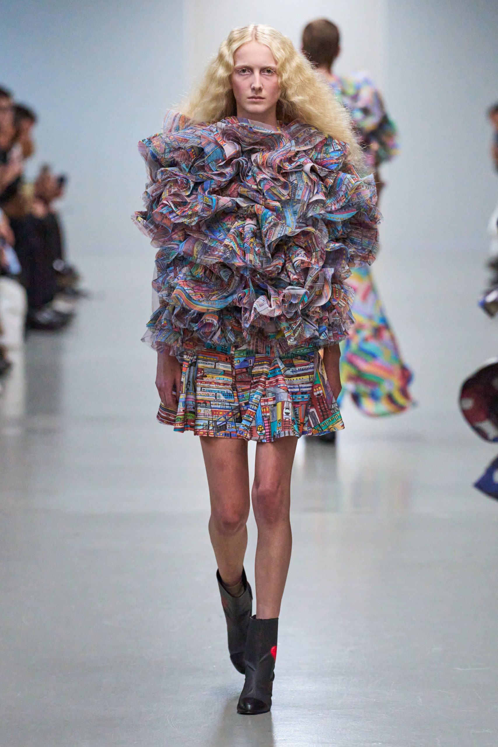 multi-colored ruffled top and mini skirt