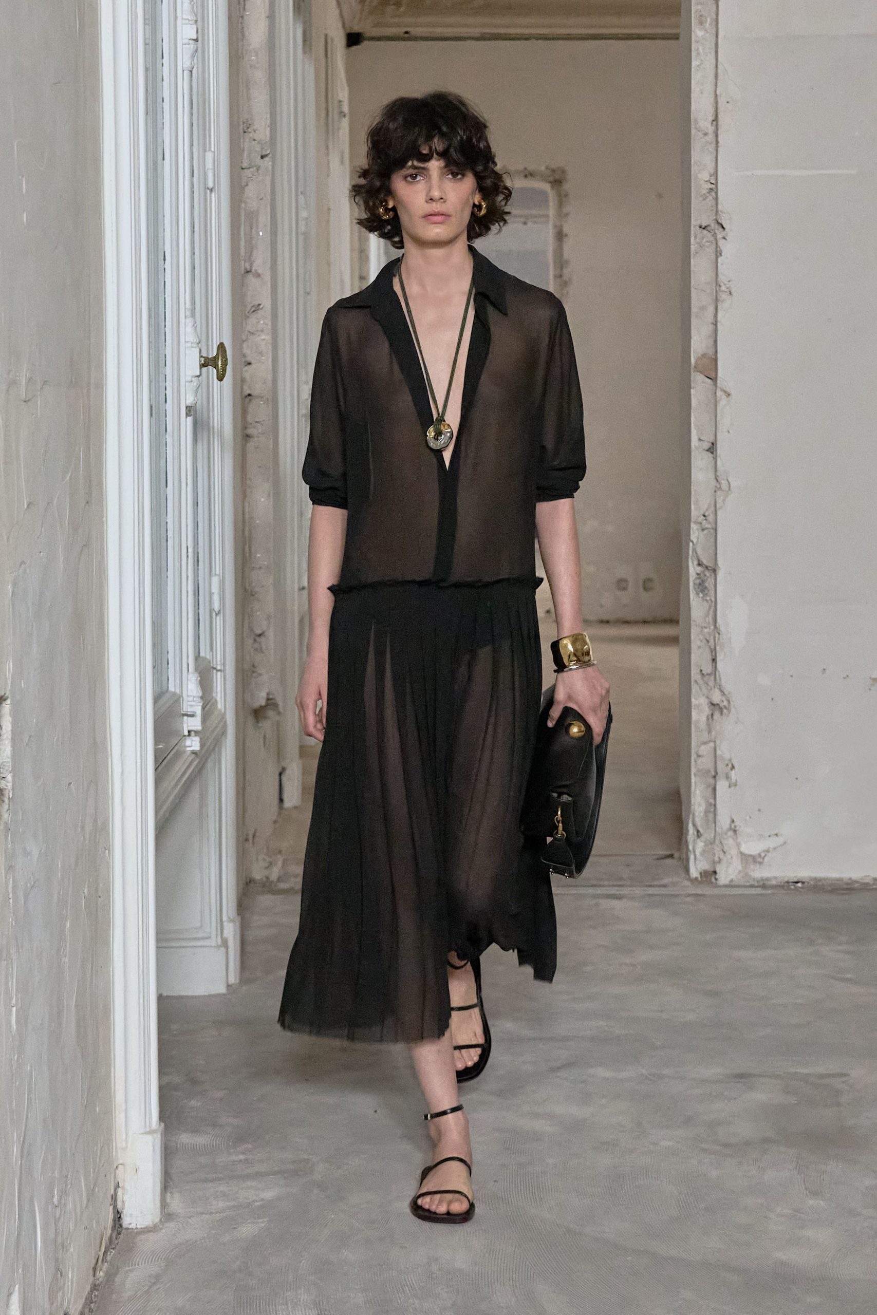 black silk long-sleeve v-neck relaxed pleated sheer shirt-dress
