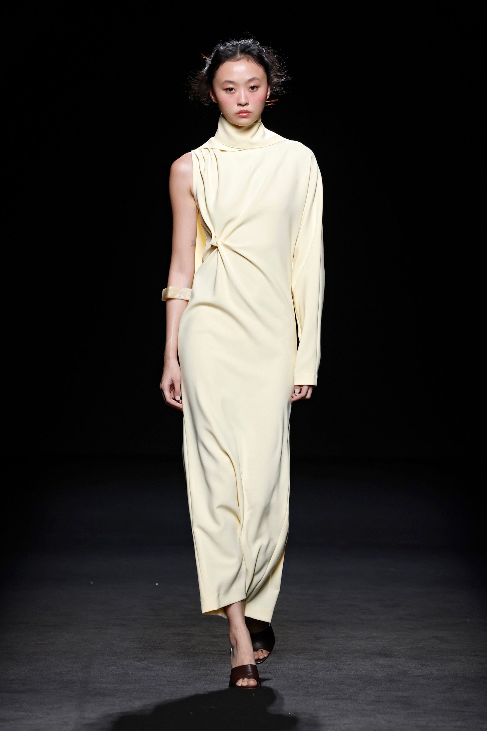 yellow jersey long-sleeve high-neck fitted draped maxi dress
