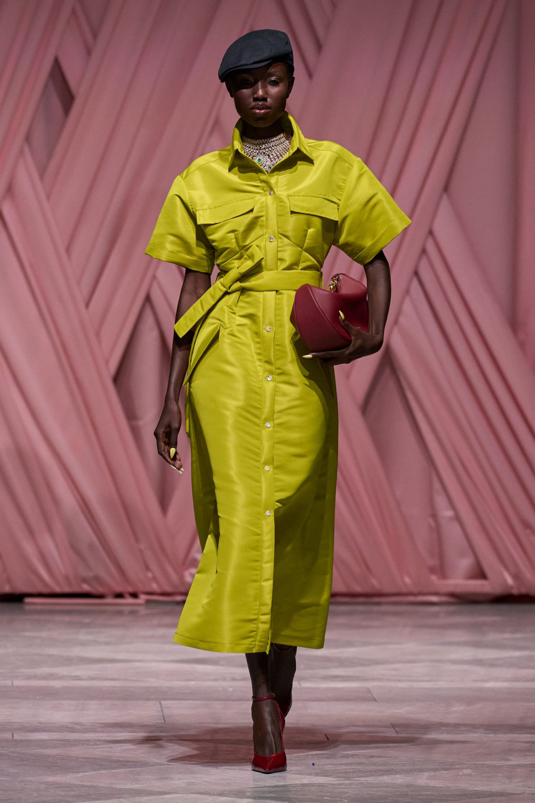 yellow silk short-sleeve collared fitted buttoned pockets shirt-dress
