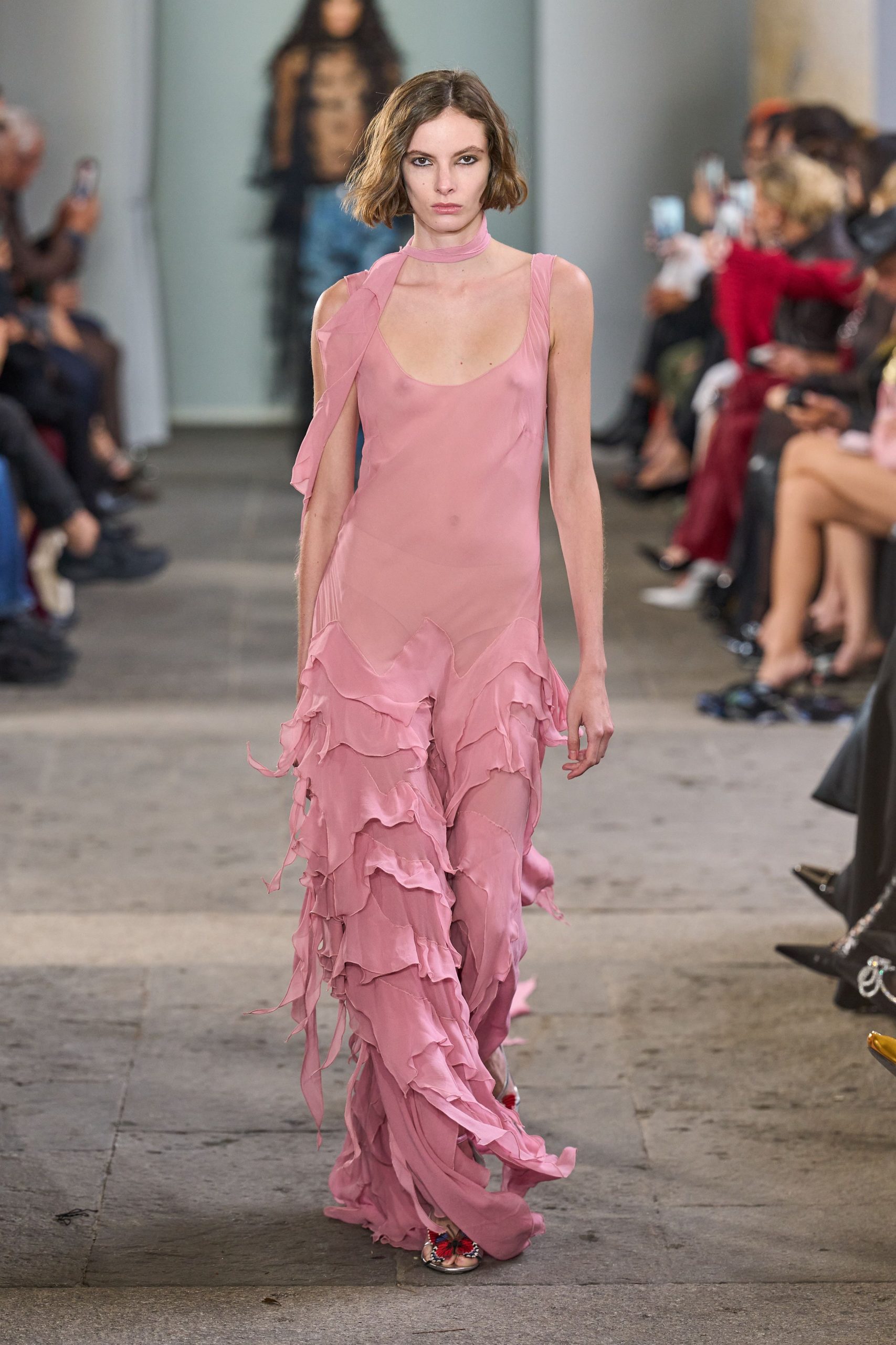 pink ruffled maxi dress