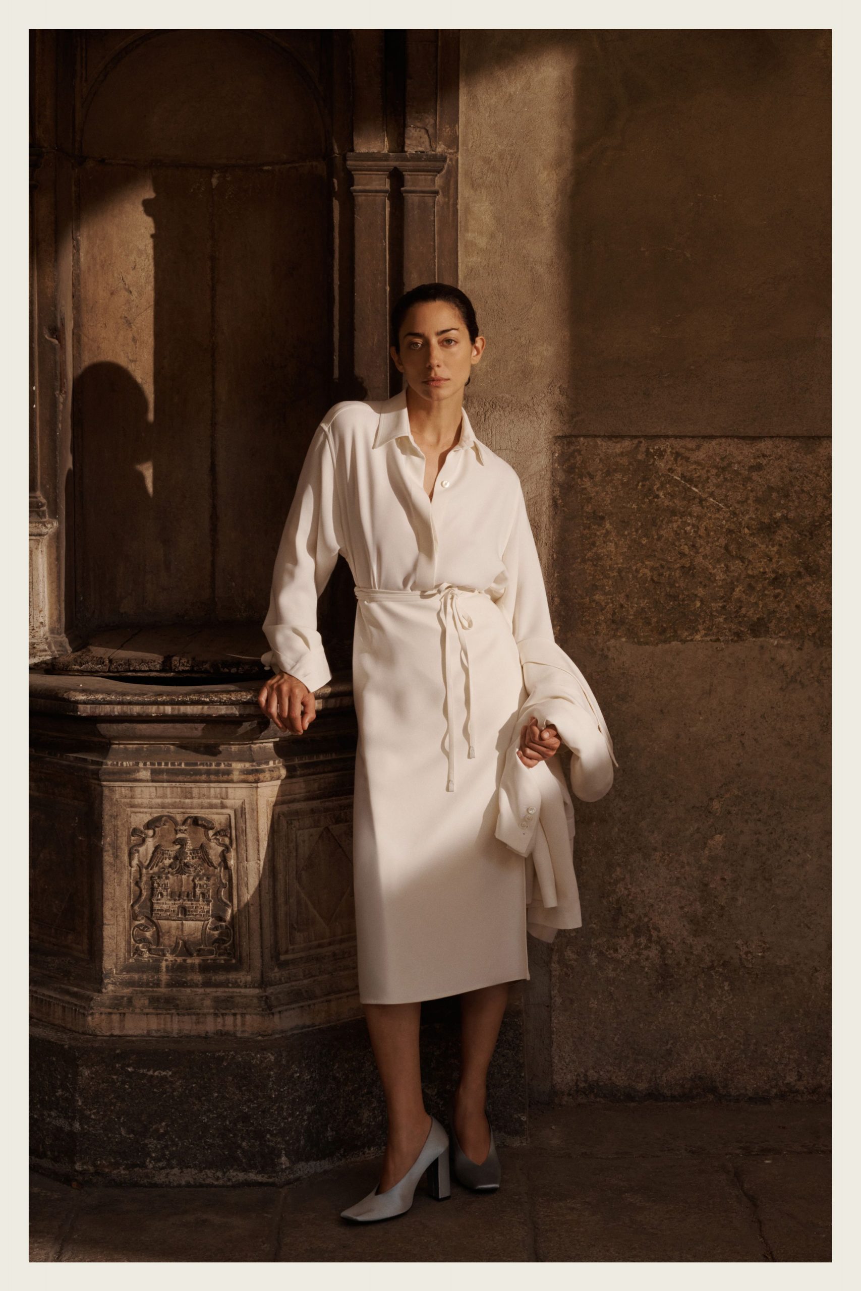 white silk long-sleeve collared fitted belted midi shirt-dress